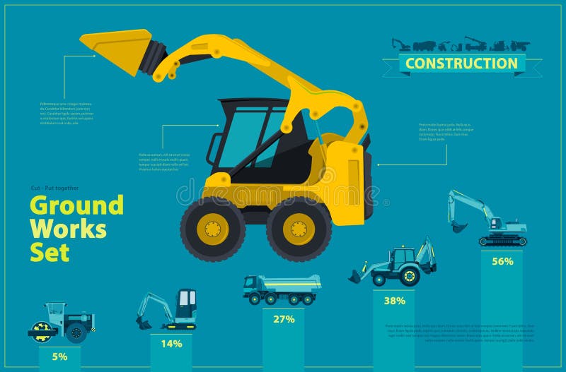 Blue infographic big set of ground works blue machines vehicles. Catalog page. Heavy construction equipment for building truck digger crane bagger mix roller excavator transportation master vector. Blue infographic big set of ground works blue machines vehicles. Catalog page. Heavy construction equipment for building truck digger crane bagger mix roller excavator transportation master vector.