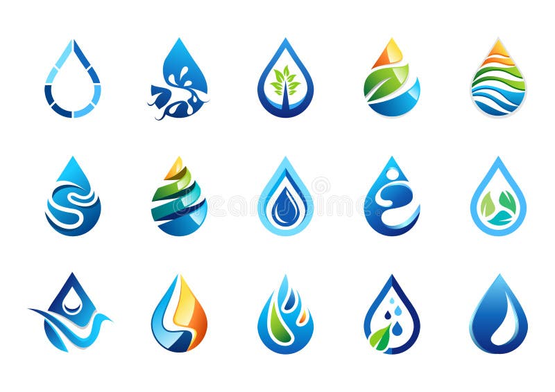 Το νερό ρίχνει το λογότυπο, σύνολο εικονιδίου συμβόλων πτώσεων νερού, διανυσματικό σχέδιο στοιχείων πτώσεων φύσης