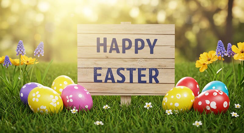 Το ξύλινο σήμα με κείμενο Happy Easter περικλείεται από πολύχρωμα διακοσμημένα αυγά διανυσματική απεικόνιση
