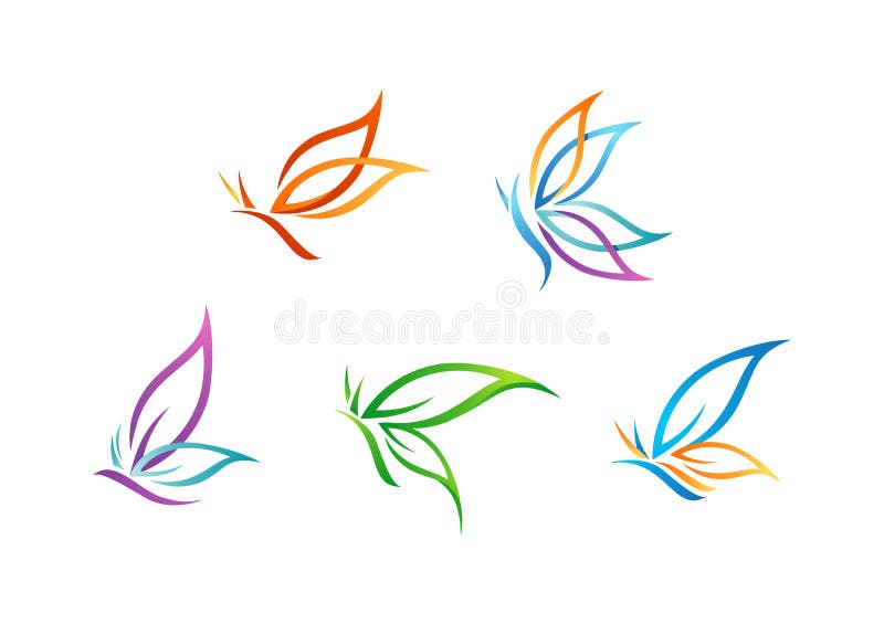 Το λογότυπο πεταλούδων, ομορφιά, SPA, προσοχή τρόπου ζωής, χαλαρώνει, γιόγκα, αφηρημένο σύνολο φτερών διανύσματος σχεδίου εικονιδ