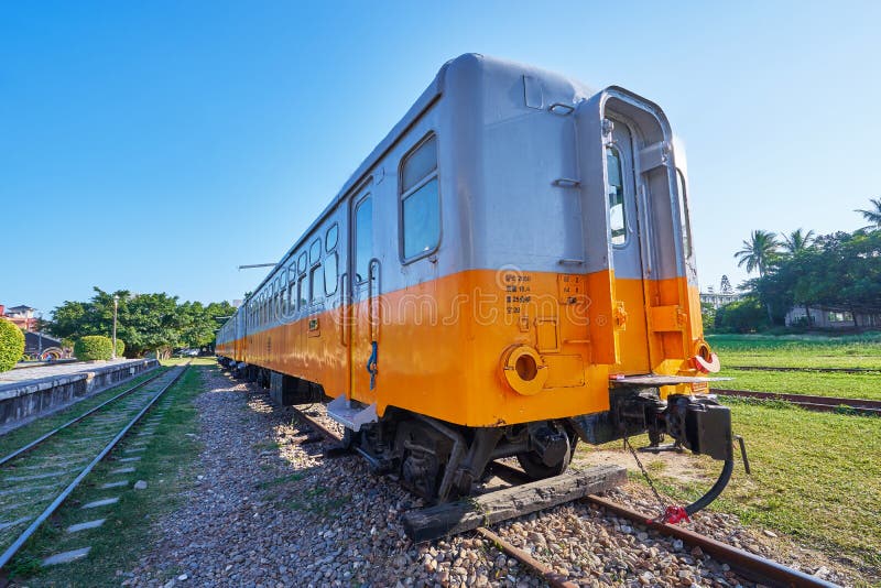 Taitung, Taiwan - December 1, 2018: Old Taitung train were stop business and uses for historical show in outdoor museum at Taitung railway art village in Taiwan. Taitung, Taiwan - December 1, 2018: Old Taitung train were stop business and uses for historical show in outdoor museum at Taitung railway art village in Taiwan