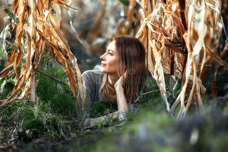 Το πορτρέτο μιας γυναίκας, του brunette που βρίσκεται στο έδαφος στο σάπιο καλαμπόκι και της βεραμάν χλόης πλαισίωσε το θερμό φωτ στοκ φωτογραφίες Το πορτρέτο μιας γυναίκας, του brunette που βρίσκεται στο έδαφος στο σάπιο καλαμπόκι και της βεραμάν χλόης πλαισίωσε το θερμό φωτ στοκ φωτογραφίες