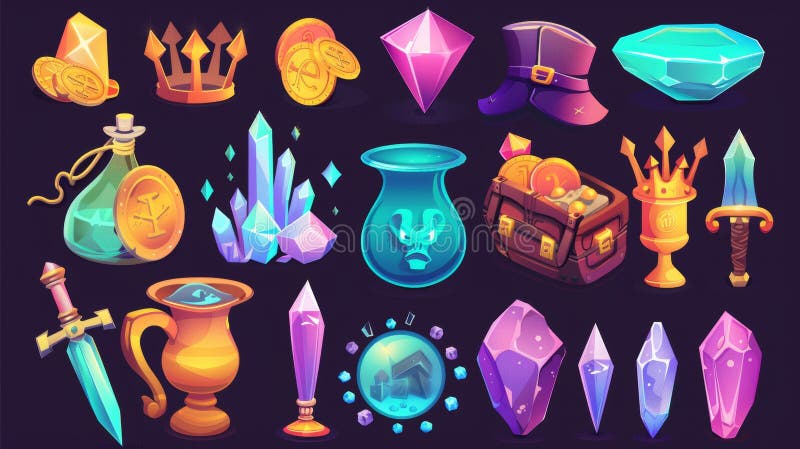 The set includes pirate loot, golden coins piles, crystals, a crown, a gold goblet, an ingot, a sword, and a jug with precious gems for a fantasy medieval game. The illustration is an isolated. AI generated. The set includes pirate loot, golden coins piles, crystals, a crown, a gold goblet, an ingot, a sword, and a jug with precious gems for a fantasy medieval game. The illustration is an isolated. AI generated