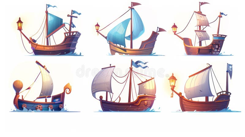 The boat is a floating sailboat with a wooden deck, wind-in masts, and a lamp on the deck. Here is a cartoon modern illustration set of different size ships for cruise travel, fishing trips, and. AI generated. The boat is a floating sailboat with a wooden deck, wind-in masts, and a lamp on the deck. Here is a cartoon modern illustration set of different size ships for cruise travel, fishing trips, and. AI generated