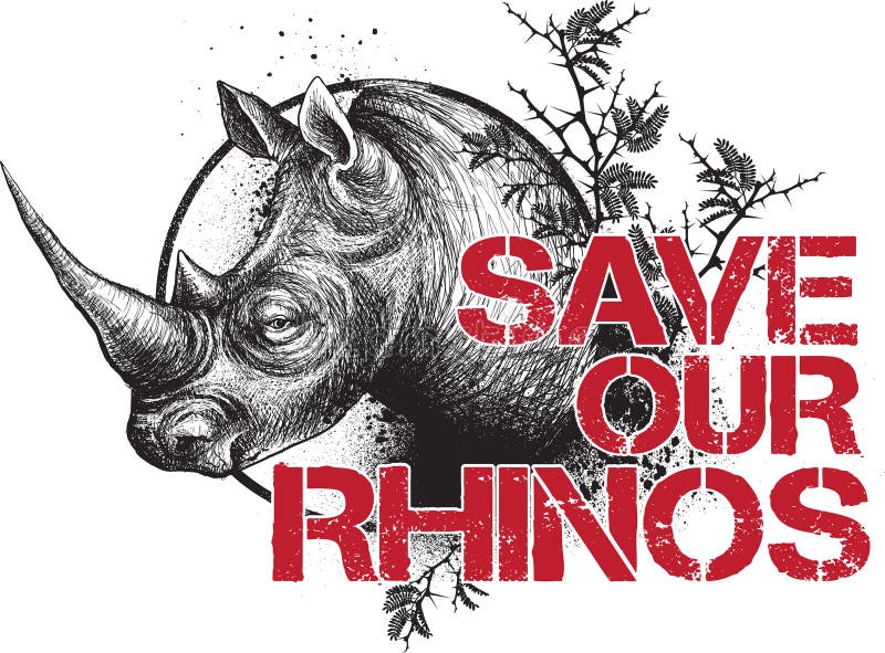 Design with rhino face and message saying Save Our Rhinos. Two colour print. Design with rhino face and message saying Save Our Rhinos. Two colour print