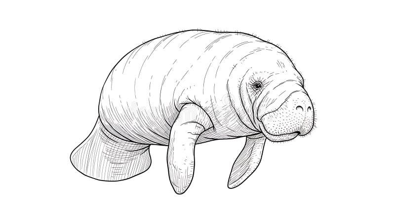 Το σχέδιο γραμμής ενός manatee Trichechus spp παρουσιάζεται με τα χαρακτηριστικά του ελεύθερη απεικόνιση δικαιώματος