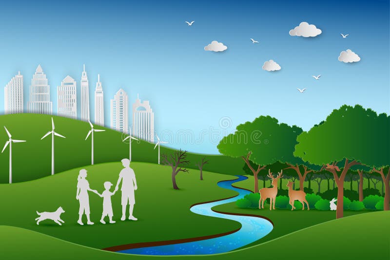 Το σχέδιο τέχνης εγγράφου του eco φιλικό και σώζει την έννοια συντήρησης περιβάλλοντος, οικογένεια πίσω στο πράσινο τοπίο φύσης ελεύθερη απεικόνιση δικαιώματος Το σχέδιο τέχνης εγγράφου του eco φιλικό και σώζει την έννοια συντήρησης περιβάλλοντος, οικογένεια πίσω στο πράσινο τοπίο φύσης ελεύθερη απεικόνιση δικαιώματος