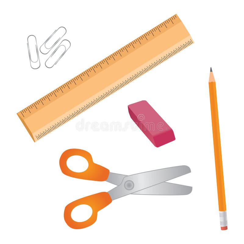 Vector illustation of various school supplies : pencil, erase, ruler, scissors and paper clips. Vector illustation of various school supplies : pencil, erase, ruler, scissors and paper clips.