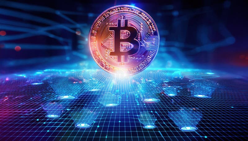 το σύμβολο λάμψης bitcoin αντιπροσωπεύει προηγμένη οικονομική προστασία σε δυναμικό ψηφιακό τοπίο. το ζωντανό πλέγμα δείχνει το μέ ελεύθερη απεικόνιση δικαιώματος