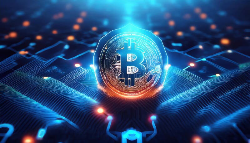 το σύμβολο λάμψης bitcoin που περιβάλλεται από δυναμικό ψηφιακό δίκτυο αντιπροσωπεύει προηγμένη οικονομική προστασία και ασφάλεια διανυσματική απεικόνιση