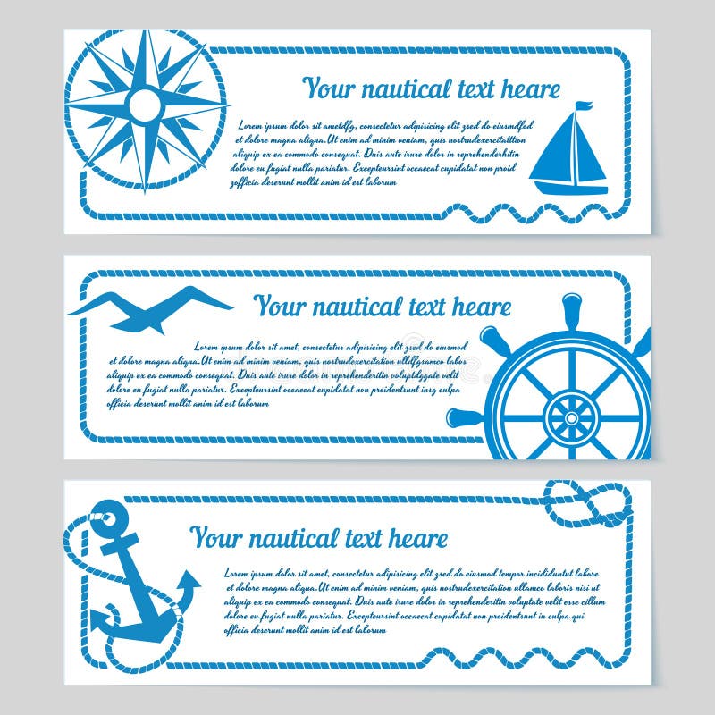 Set of nautical themed horizontal banners with copyspace for text featuring a compass yacht seagull vintage ships wheel and anchor with rope frames. Set of nautical themed horizontal banners with copyspace for text featuring a compass yacht seagull vintage ships wheel and anchor with rope frames