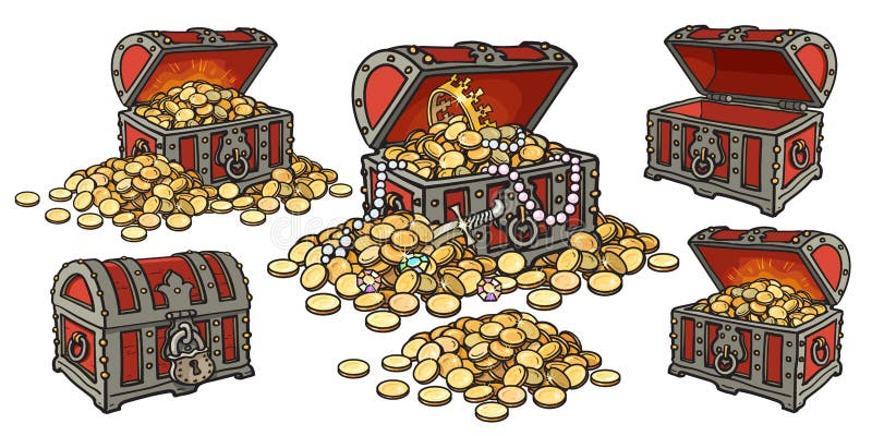 Cartoon set of pirate treasure chests open and closed, empty and full of gold coins and jewelry. Pile of golden money. Hand drawn vector illustration isolated on white background. Cartoon set of pirate treasure chests open and closed, empty and full of gold coins and jewelry. Pile of golden money. Hand drawn vector illustration isolated on white background.