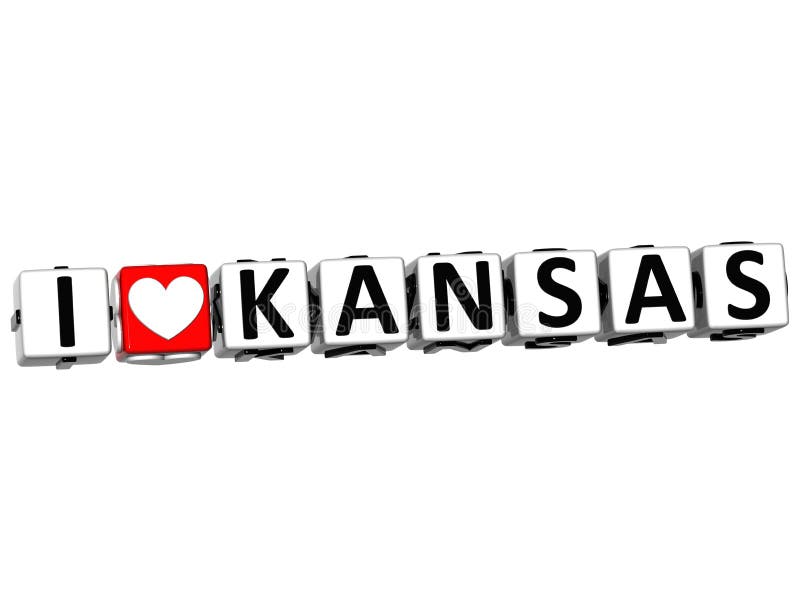 3D I Love Kansas Button Click Here Block Text over white background. 3D I Love Kansas Button Click Here Block Text over white background