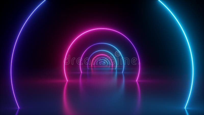 3d render, neon light abstract background, round portal, rings, circles, virtual reality, ultraviolet spectrum, laser show, fashion podium, stage, floor reflection. 3d render, neon light abstract background, round portal, rings, circles, virtual reality, ultraviolet spectrum, laser show, fashion podium, stage, floor reflection