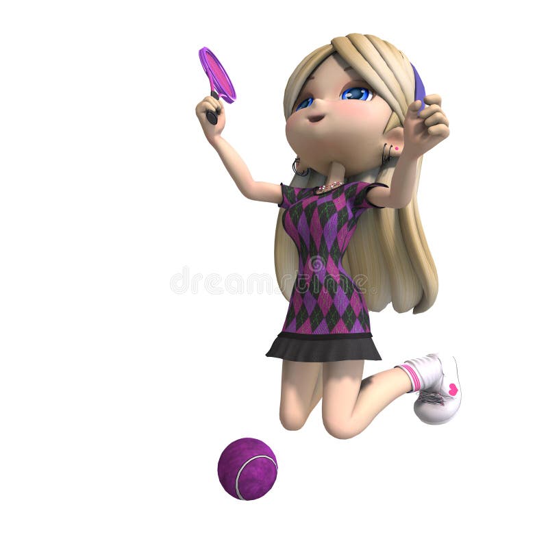 Cute girl with long hair plays tennis. 3D rendering with clipping path and shadow over white. Cute girl with long hair plays tennis. 3D rendering with clipping path and shadow over white