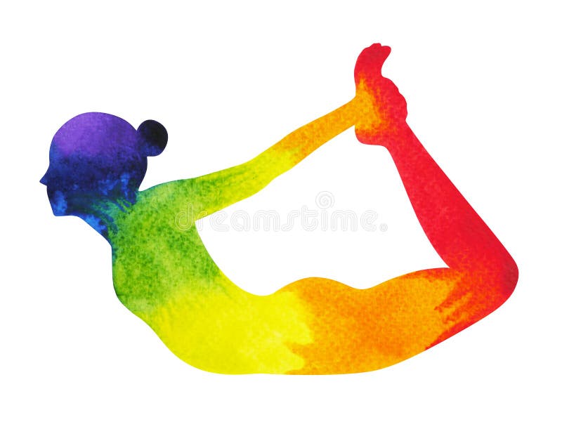 Bow pose yoga, 7 color chakra watercolor painting hand drawn illustration design, dhanurasana. Bow pose yoga, 7 color chakra watercolor painting hand drawn illustration design, dhanurasana