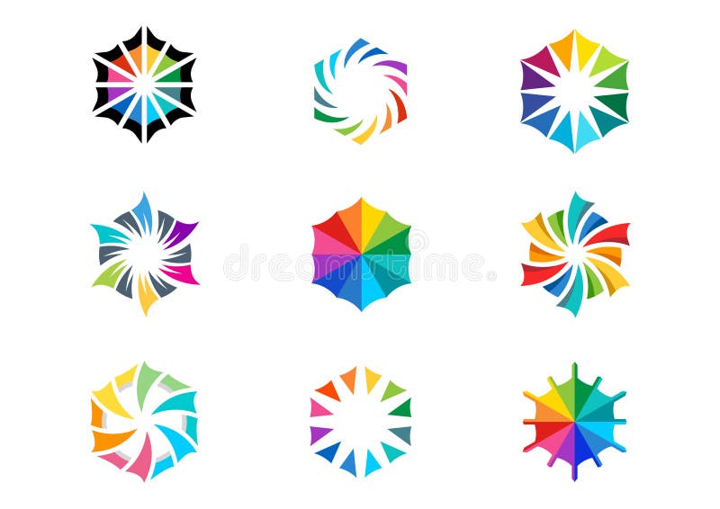 Light sun logo, set of lens circle abstract lights rainbow colored symbol icon design vector. Light sun logo, set of lens circle abstract lights rainbow colored symbol icon design vector