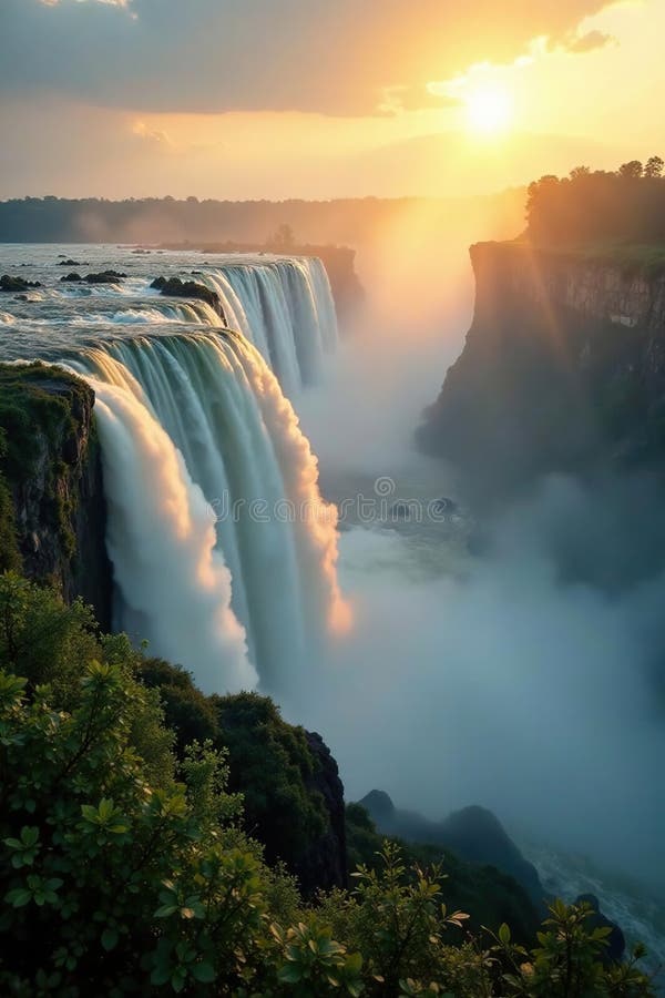 Το χρυσό φως φωτίζει την ομίχλη στο Iguazu Fall ειρηνική στιγμή ομίχλη ελεύθερη απεικόνιση δικαιώματος