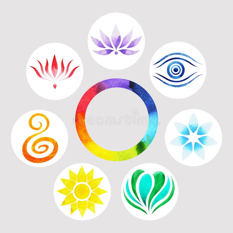 7 color of chakra symbol concept, flower floral, watercolor painting hand drawn icon logo, illustration design sign. 7 color of chakra symbol concept, flower floral, watercolor painting hand drawn icon logo, illustration design sign