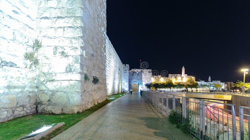 Τοίχοι της αρχαίας πόλης timelapse τη νύχτα hyperlapse, Ιερουσαλήμ, Ισραήλ