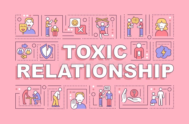 Toxic relationship word concepts banner. Controlling partner behavior. Infographics with linear icons on pink background. Isolated creative typography. Vector outline color illustration with text. Toxic relationship word concepts banner. Controlling partner behavior. Infographics with linear icons on pink background. Isolated creative typography. Vector outline color illustration with text