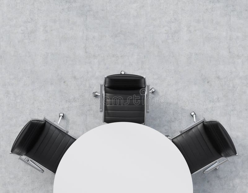 Top view of a half of the conference room. A white round table, three black leather chairs. Office interior. 3D rendering. Top view of a half of the conference room. A white round table, three black leather chairs. Office interior. 3D rendering.