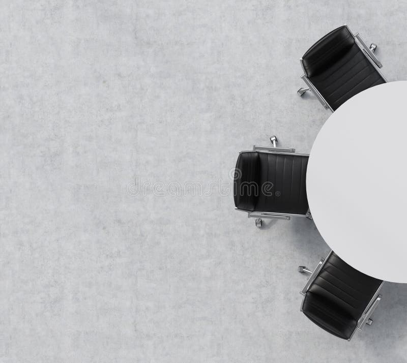 Top view of a half of the conference room. A white round table, three black leather chairs. Office interior. 3D rendering. Top view of a half of the conference room. A white round table, three black leather chairs. Office interior. 3D rendering.