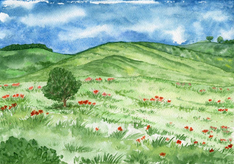 Τοπίο Watercolor με τους λόφους και λιβάδι με ένα απομονωμένο δέντρο διανυσματική απεικόνιση