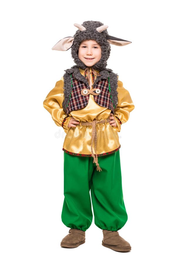 Smiling boy posing in a goat costume. Isolated on white. Smiling boy posing in a goat costume. Isolated on white