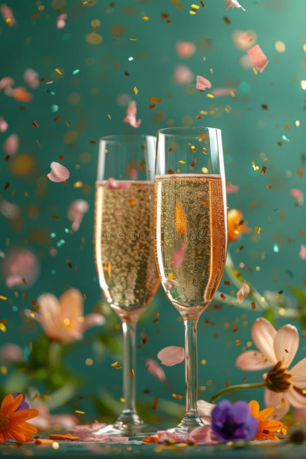 Two champagne glasses clink amidst a shower of flower petals and confetti, symbolizing shared joy and elegance in celebration. Two champagne glasses clink amidst a shower of flower petals and confetti, symbolizing shared joy and elegance in celebration.