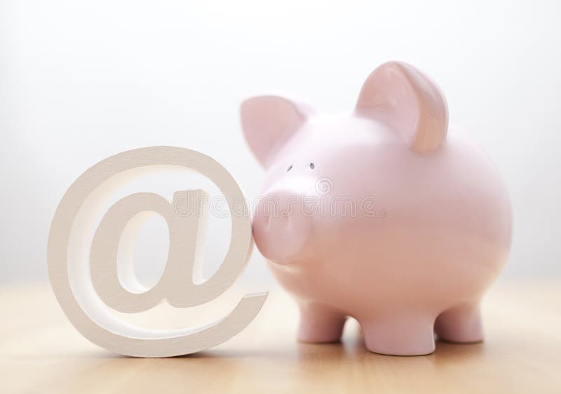 Pink piggy bank with white email symbol. Pink piggy bank with white email symbol