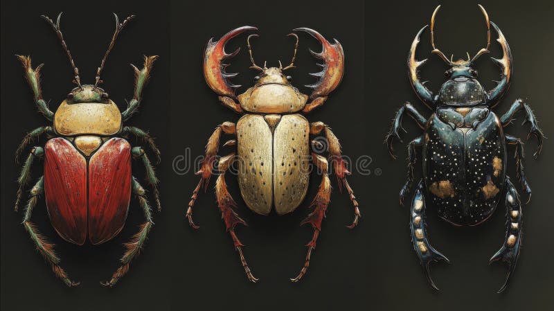Τρία Beetles Λεπτομερές Κλείσιμο Studio Shot απεικόνιση αποθεμάτων