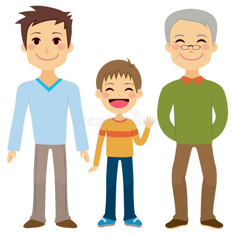 Illustration of three generations of men of different ages from child to young adult father and senior grandfather. Illustration of three generations of men of different ages from child to young adult father and senior grandfather