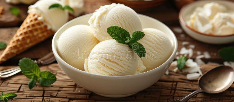Three vanilla ice cream balls topped with fresh mint leaves, served in a white bowl. AI generated. Three vanilla ice cream balls topped with fresh mint leaves, served in a white bowl. AI generated
