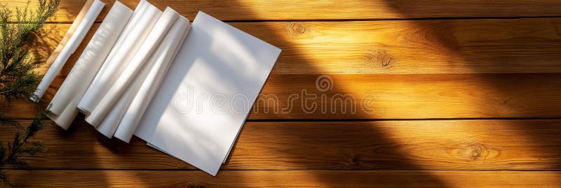 τρία λευκά ρολά χαρτιού κείτονται σε ξύλινη επιφάνεια, βαμμένα με ζεστό φως του ήλιου, προκαλώντας δημιουργικότητα και ένα κενό κα ελεύθερη απεικόνιση δικαιώματος