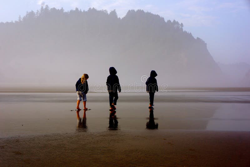 Τρία μικρά παιδιά στη misty παραλία