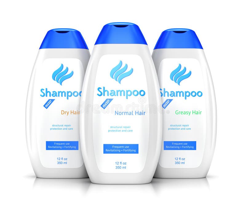 Three plastic bottle containers of shampoo for differents hair types isolated on white background with reflection effect. Three plastic bottle containers of shampoo for differents hair types isolated on white background with reflection effect