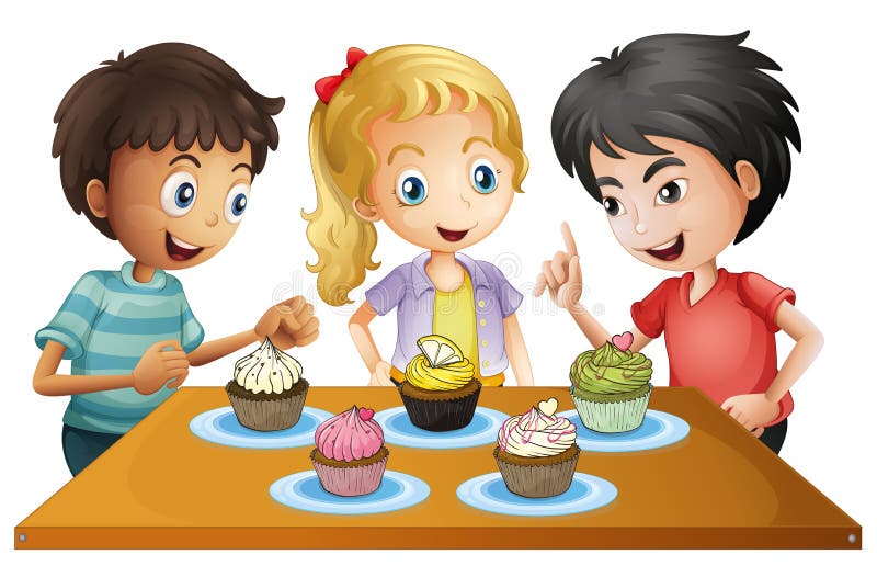 Τρία παιδιά στον πίνακα με τα cupcakes ελεύθερη απεικόνιση δικαιώματος Τρία παιδιά στον πίνακα με τα cupcakes ελεύθερη απεικόνιση δικαιώματος
