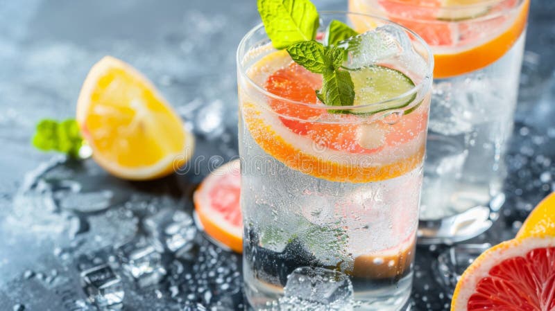 Three glasses filled with water, garnished with orange slices and mint leaves. AI generated. Three glasses filled with water, garnished with orange slices and mint leaves. AI generated