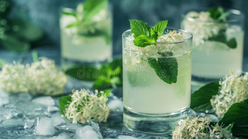 Three glasses filled with ice cubes and mint spritz drink on a table. AI generated. Three glasses filled with ice cubes and mint spritz drink on a table. AI generated