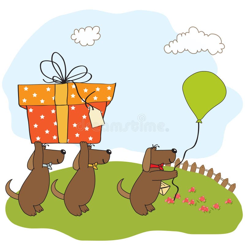 Three dogs that offer a big gift. birthday greeting card. Three dogs that offer a big gift. birthday greeting card