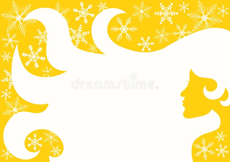 Yellow sunshine card with a long woman hair in negative space and snowflakes floating. Yellow sunshine card with a long woman hair in negative space and snowflakes floating.