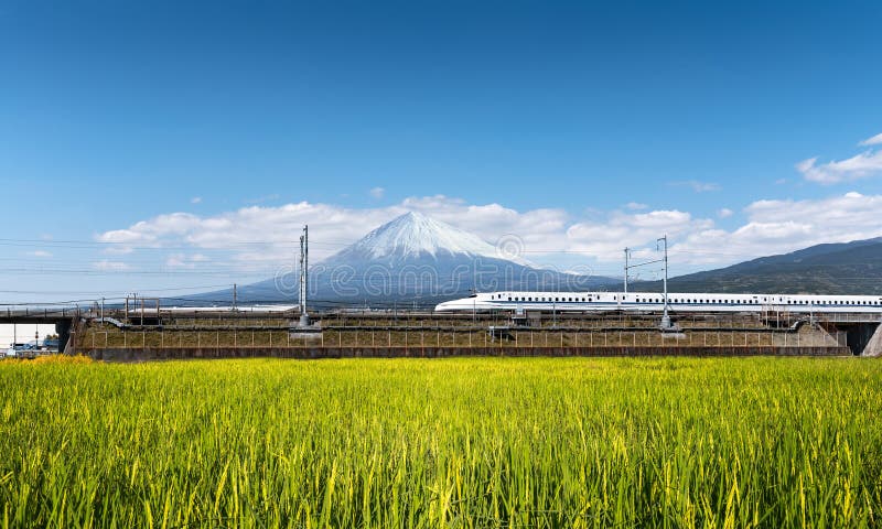 Τραίνο Shinkansen ή σφαιρών με τον τομέα ρυζιού και βουνό του Φούτζι στοκ φωτογραφία