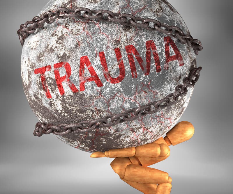 Trauma and hardship in life - pictured by word Trauma as a heavy weight on shoulders to symbolize Trauma as a burden, 3d illustration. Trauma and hardship in life - pictured by word Trauma as a heavy weight on shoulders to symbolize Trauma as a burden, 3d illustration.