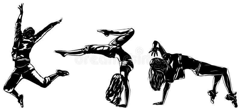 Three modern dancers silhouettes on white. Three modern dancers silhouettes on white