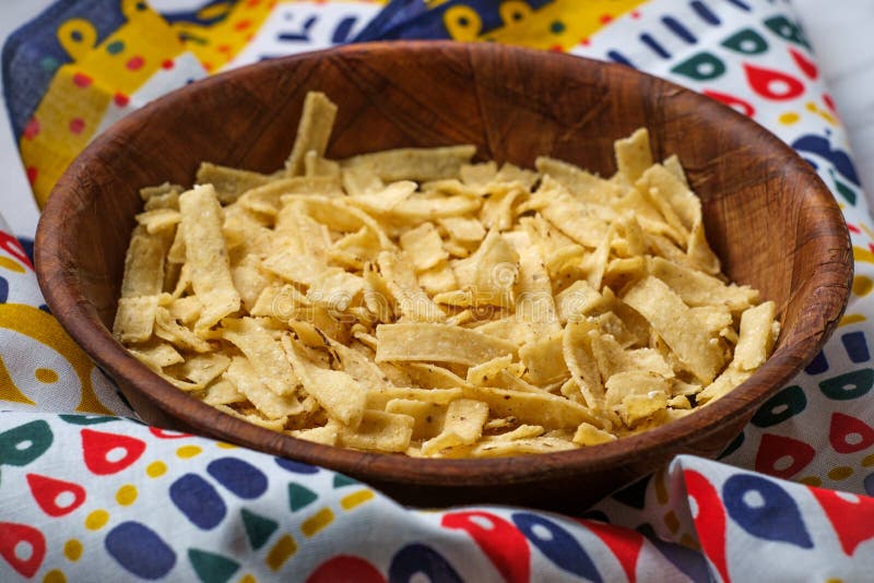 Crispy soup topping Mexican corn tortilla chip strips. Crispy soup topping Mexican corn tortilla chip strips