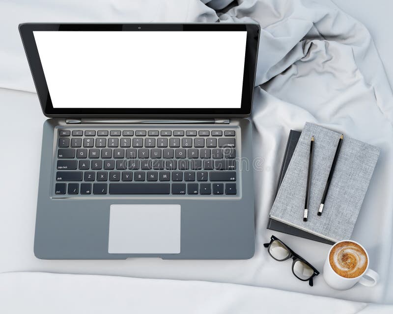 τρισδιάστατη απεικόνιση του σύγχρονου lap-top στο κρεβάτι, πρότυπο, χλεύη επάνω στο υπόβαθρο απεικόνιση αποθεμάτων