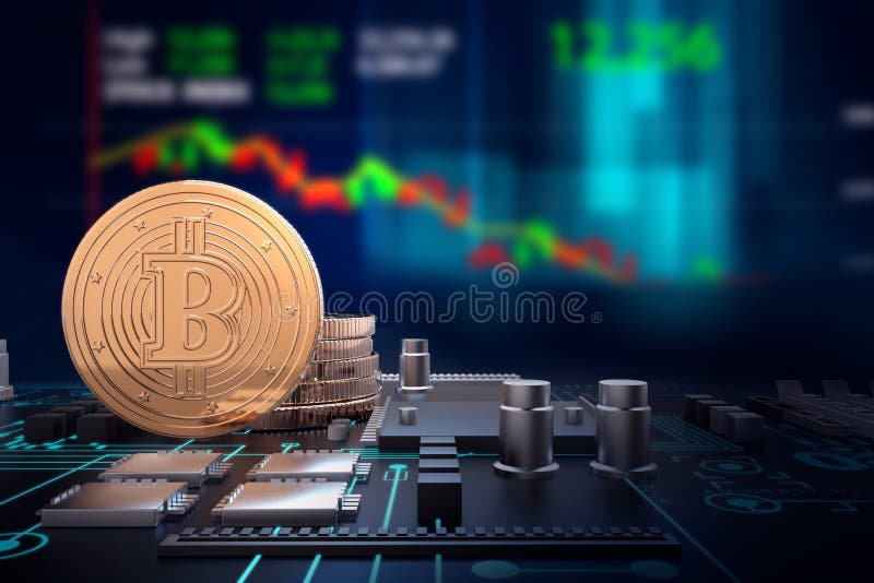 τρισδιάστατη απεικόνιση των χρυσών bitcoins στη μητρική κάρτα υπολογιστών ελεύθερη απεικόνιση δικαιώματος
