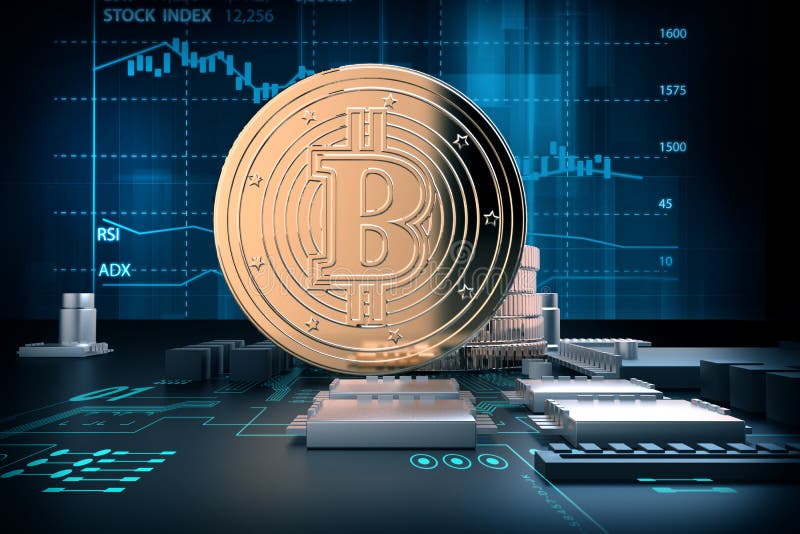 τρισδιάστατη απεικόνιση των χρυσών bitcoins στη μητρική κάρτα υπολογιστών διανυσματική απεικόνιση