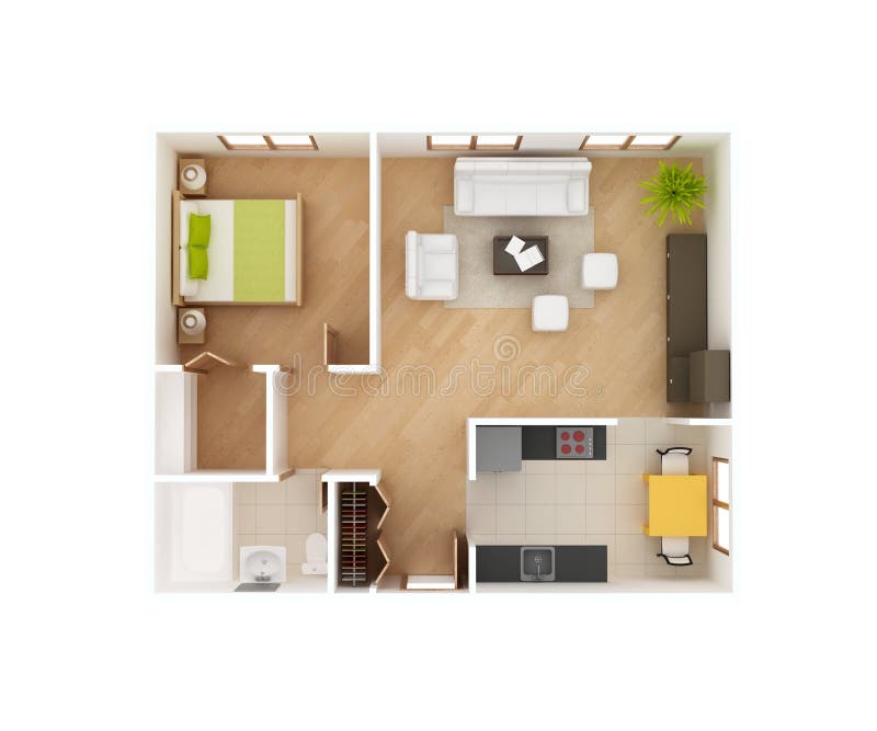 Basic 3D floor plan top view. Simple 1 bedroom 1 bath house. Basic 3D floor plan top view. Simple 1 bedroom 1 bath house.